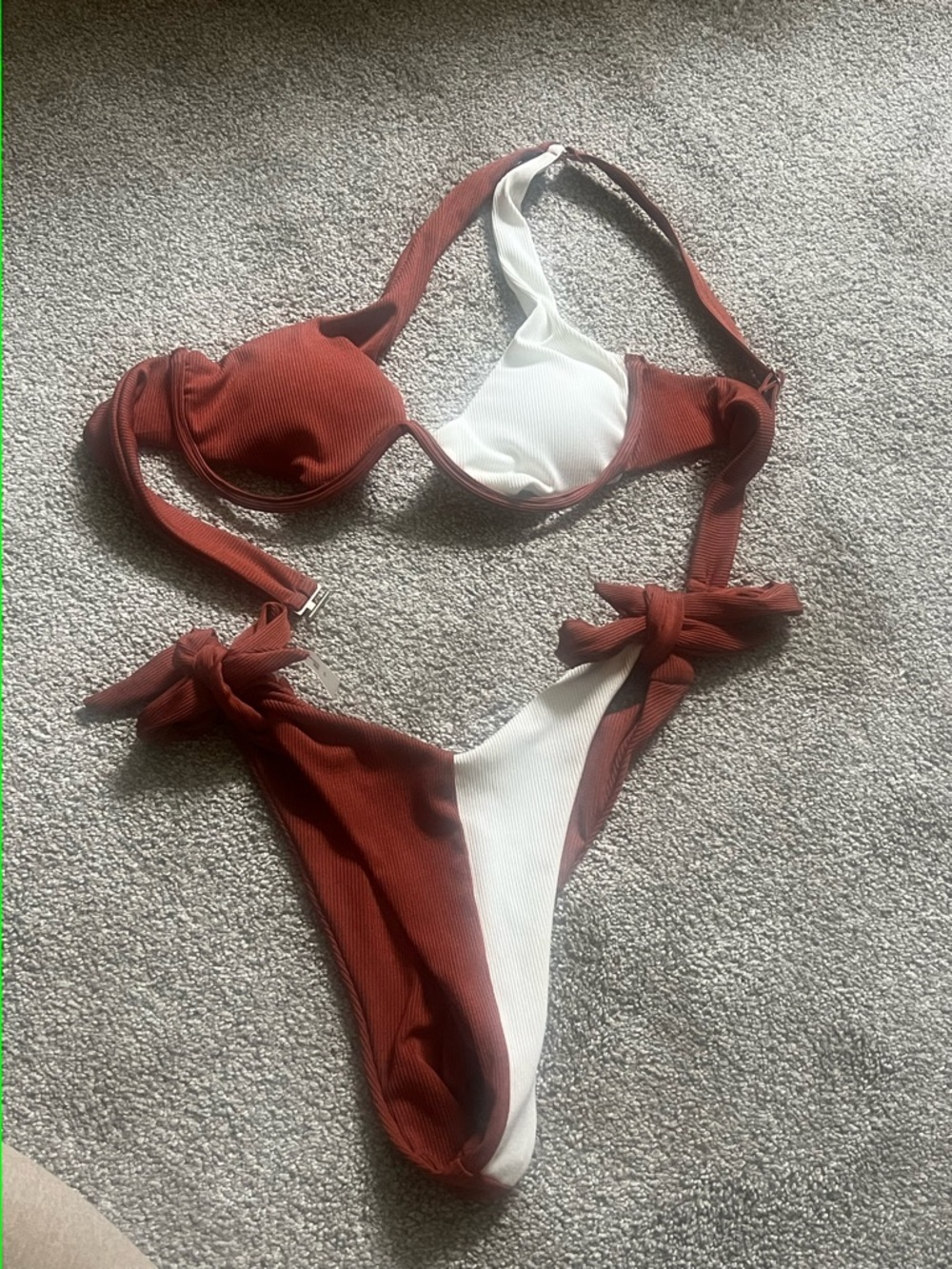 Rust and White Ribbed Tie-Side Bikini Set